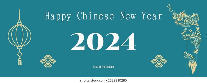 Chinese New Year 2024, the year of the Dragon, red and gold line art characters, simple hand-drawn Asian elements with craft (Chinese translation: Happy Chinese New Year 2024, year of the Dragon)