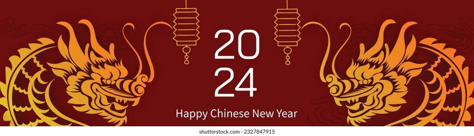 Chinese New Year 2024, the year of the Dragon, red and gold line art characters, simple hand-drawn Asian elements with craft (Chinese translation: Happy Chinese New Year 2024, year of the Dragon)