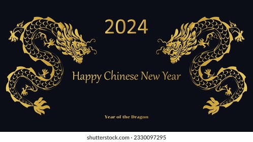 Chinese New Year 2024, the year of the Dragon, red and gold line art characters, simple hand-drawn Asian elements with craft (Chinese translation: Happy Chinese New Year 2024, year of the Dragon)