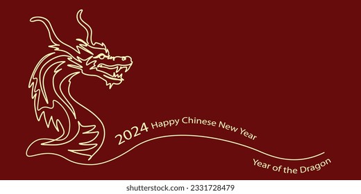 Chinese New Year 2024, the year of the Dragon, red and gold line art characters, simple hand-drawn Asian elements with craft (Chinese translation: Happy Chinese New Year 2024, year of the Dragon)