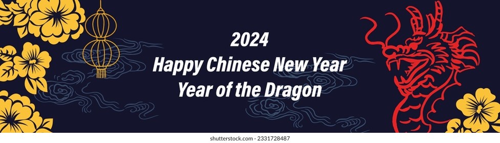 Chinese New Year 2024, the year of the Dragon, red and gold line art characters, simple hand-drawn Asian elements with craft (Chinese translation: Happy Chinese New Year 2024, year of the Dragon)