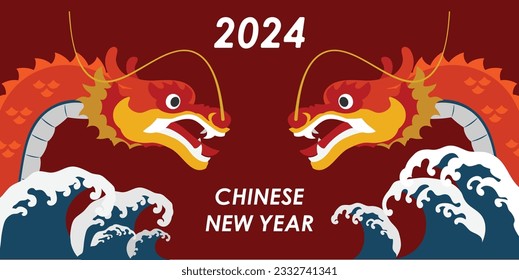 Chinese New Year 2024, the year of the Dragon, red and gold line art characters, simple hand-drawn Asian elements with craft (Chinese translation: Happy Chinese New Year 2024, year of the Dragon)