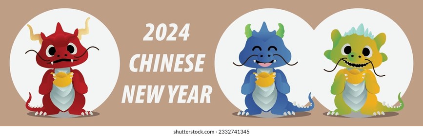 Chinese New Year 2024, the year of the Dragon, red and gold line art characters, simple hand-drawn Asian elements with craft (Chinese translation: Happy Chinese New Year 2024, year of the Dragon)
