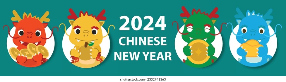 Chinese New Year 2024, the year of the Dragon, red and gold line art characters, simple hand-drawn Asian elements with craft (Chinese translation: Happy Chinese New Year 2024, year of the Dragon)