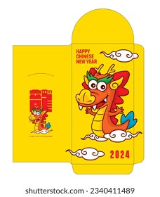 Chinesisches Neujahr 2024 Jahr des Drachen. Geld umhüllt rotes Paket mit süßem Drachencartoon Grußkartendesign. Übersetzen: Drache