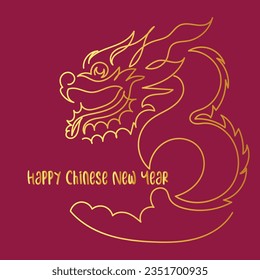 Chinese New Year 2024, the year of the Dragon, red and gold line art characters, simple hand-drawn Asian elements with craft (Chinese translation: Happy Chinese New Year 2024, year of the Dragon)