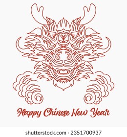 Chinese New Year 2024, the year of the Dragon, red and gold line art characters, simple hand-drawn Asian elements with craft (Chinese translation: Happy Chinese New Year 2024, year of the Dragon)