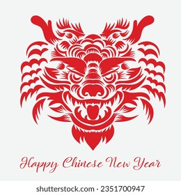 Chinese New Year 2024, the year of the Dragon, red and gold line art characters, simple hand-drawn Asian elements with craft (Chinese translation: Happy Chinese New Year 2024, year of the Dragon)