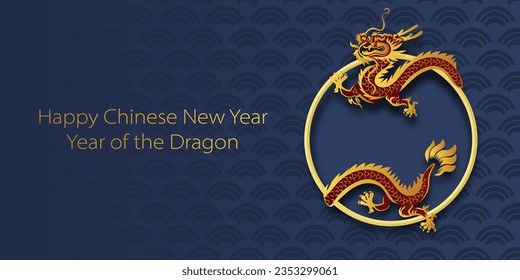 Chinese New Year 2024, the year of the Dragon, red and gold line art characters, simple hand-drawn Asian elements with craft (Chinese translation: Happy Chinese New Year 2024, year of the Dragon)