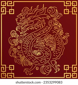 Chinese New Year 2024, the year of the Dragon, red and gold line art characters, simple hand-drawn Asian elements with craft (Chinese translation: Happy Chinese New Year 2024, year of the Dragon)