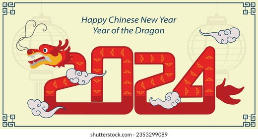 Chinese New Year 2024, the year of the Dragon, red and gold line art characters, simple hand-drawn Asian elements with craft (Chinese translation: Happy Chinese New Year 2024, year of the Dragon)