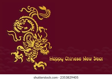 Chinese New Year 2024, the year of the Dragon, red and gold line art characters, simple hand-drawn Asian elements with craft (Chinese translation: Happy Chinese New Year 2024, year of the Dragon)