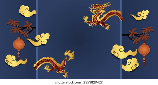 Chinese New Year 2024, the year of the Dragon, red and gold line art characters, simple hand-drawn Asian elements with craft (Chinese translation: Happy Chinese New Year 2024, year of the Dragon)