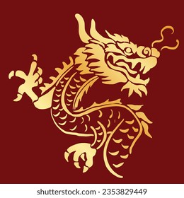 Chinese New Year 2024, the year of the Dragon, red and gold line art characters, simple hand-drawn Asian elements with craft (Chinese translation: Happy Chinese New Year 2024, year of the Dragon)