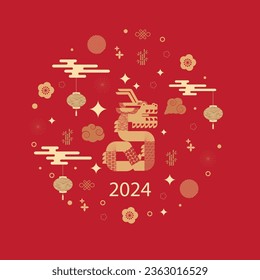 Chinese New Year 2024, Year of the Dragon, zodiac. Banner template for Chinese New Year with dragon and traditional patterns. Minimalistic style. Vector