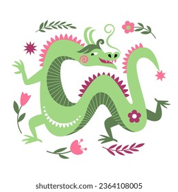 Chinese New Year 2024. Year of the Dragon according to the Eastern Chinese calendar. Cute green Dragon and flowers