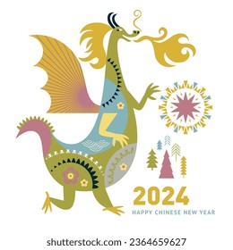 Chinese New Year 2024. Year of the Dragon according to the Eastern Chinese calendar. Cute fire breathing winged  Dragon 