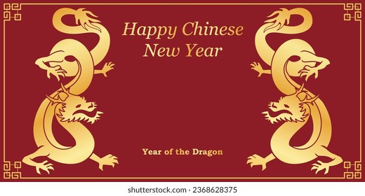 Chinese New Year 2024, the year of the Dragon, red and gold line art characters, simple hand-drawn Asian elements with craft (Chinese translation: Happy Chinese New Year 2024, year of the Dragon)