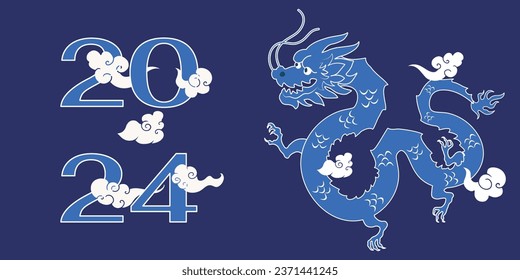 Chinese New Year 2024, the year of the Dragon, red and gold line art characters, simple hand-drawn Asian elements with craft (Chinese translation: Happy Chinese New Year 2024, year of the Dragon)