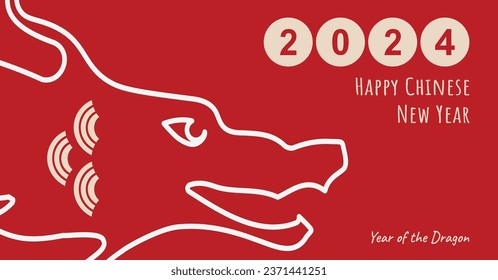 Chinese New Year 2024, the year of the Dragon, red and gold line art characters, simple hand-drawn Asian elements with craft (Chinese translation: Happy Chinese New Year 2024, year of the Dragon)