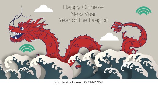 Chinese New Year 2024, the year of the Dragon, red and gold line art characters, simple hand-drawn Asian elements with craft (Chinese translation: Happy Chinese New Year 2024, year of the Dragon)