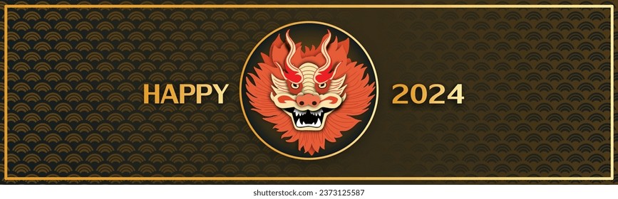 Chinese New Year 2024, the year of the Dragon, red and gold line art characters, simple hand-drawn Asian elements with craft (Chinese translation: Happy Chinese New Year 2024, year of the Dragon)