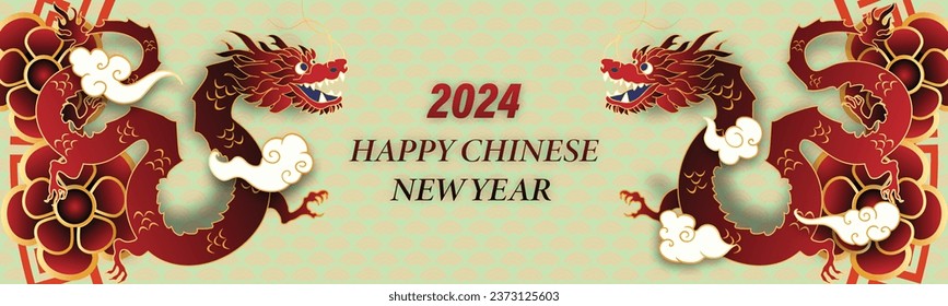 Chinese New Year 2024, the year of the Dragon, red and gold line art characters, simple hand-drawn Asian elements with craft (Chinese translation: Happy Chinese New Year 2024, year of the Dragon)