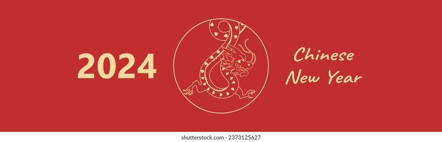 Año Nuevo Chino 2024, el año del Dragón, personajes de arte de la línea roja y dorada, simples elementos asiáticos dibujados a mano con arte (traducción china: Feliz Año Nuevo Chino 2024, año del dragón)