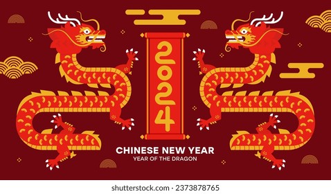 Chinese New Year 2024, Year of the Dragon. Lunar new year banner with traditional Chinese Dragon. Background with asian gold elements. Zodiac sign