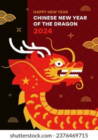 Chinese New Year 2024, Year of the Dragon. Lunar new year banner with traditional Chinese Dragon. Background with asian gold elements. Zodiac sign