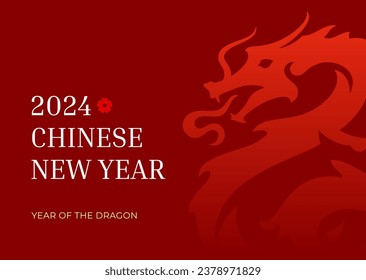 Chinese new year 2024 dragon red greeting banner design template vector flat illustration. Asian lunar traditional holiday horoscope lucky prosperity fairytale reptile silhouette festive celebration