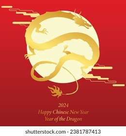 Chinese New Year 2024, the year of the Dragon, red and gold line art characters, simple hand-drawn Asian elements with craft (Chinese translation: Happy Chinese New Year 2024, year of the Dragon)