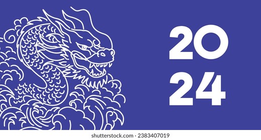 Chinese New Year 2024, the year of the Dragon, red and gold line art characters, simple hand-drawn Asian elements with craft (Chinese translation: Happy Chinese New Year 2024, year of the Dragon)