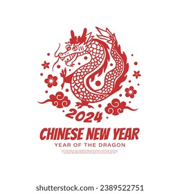 Chinese New Year 2024 year of the dragon greeting card with modern vintage illustration concept