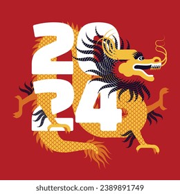 Chinese New Year 2024. Dragon. Monthly calendar. Red traditional postcard. Vector flat illustration