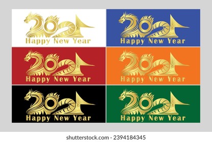 Chinese New Year 2024, year of the Dragon. Chinese zodiac dragon in geometric flat modern style.lots of background colors and gold gradient dragons accompanied by gold fonts.