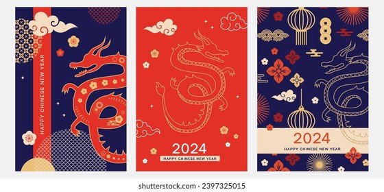 Chinese new year 2024 year of the dragon - red traditional Chinese designs with dragons. Lunar new year concept, modern vector design. Translation: Happy Chinese new year