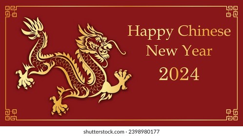 Chinese New Year 2024, the year of the Dragon, red and gold line art characters, simple hand-drawn Asian elements with craft (Chinese translation: Happy Chinese New Year 2024, year of the Dragon)