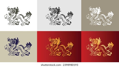 Chinese New Year 2024, the year of the Dragon, red and gold line art characters, simple hand-drawn Asian elements with craft (Chinese translation: Happy Chinese New Year 2024, year of the Dragon)