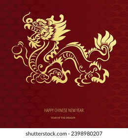 Chinese New Year 2024, the year of the Dragon, red and gold line art characters, simple hand-drawn Asian elements with craft (Chinese translation: Happy Chinese New Year 2024, year of the Dragon)