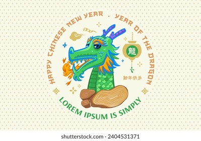 Chinese New Year 2024, the year of the Dragon, red and gold line art characters, simple hand-drawn Asian elements with craft (Chinese translation: Dragon and chinese new year)