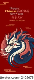 Chinese New Year 2024, year of the Dragon. Chinese zodiac dragon in  flat modern style , isolated background vector, Translate Happy New Year