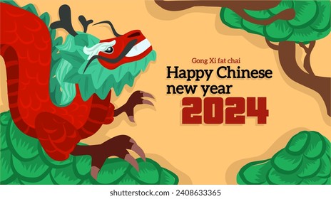 Chinese New Year 2024. Year of the dragon with nature background. Asian celebration greeting card, dragon shio is a suitable design asset for creating illustrations, greeting cards, posters, banners.