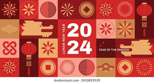 The Chinese New Year 2024 - the Year of the Dragon. Happy Chinese New Year 2024. Lunar New Year. Geometric vector flat modern style.