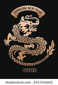 Chinese New Year 2024 year of dragon old style in black and gold
