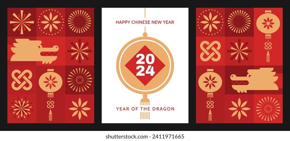 Chinese New Year 2024, Year of the Dragon. Lunar New Year cards set. 