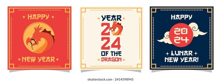 Chinese New Year 2024. Year of the dragon. Happy lunar new year. Set of square templates for posts, banners, posters, covers, backgrounds etc. Modern vector illustration with chinese zodiac dragon.