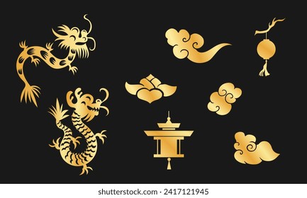 Chinese New Year 2024, the year of the Dragon, red and gold line art characters, simple hand-drawn Asian elements with craft (Chinese translation: Happy Chinese New Year 2024, year of the Dragon)