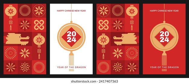 Chinese New Year 2024, Year of the Dragon. Lunar New Year cards set. 