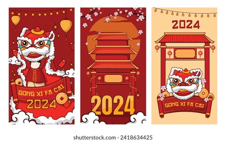 Chinese New Year 2024 year of the dragon concept. illustration Collection of Chinese New Year posters, and greeting cards with the Chinese zodiac dragon on a red background.